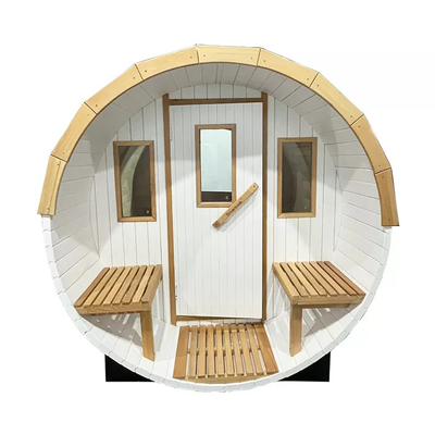 白い庭の屋外の4人の木製のバレルのサウナの新しい設計