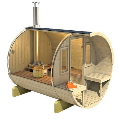 ストーブのヒーターとの贅沢なおよび慰めのフィンランドの屋外の木製のバレルのサウナ